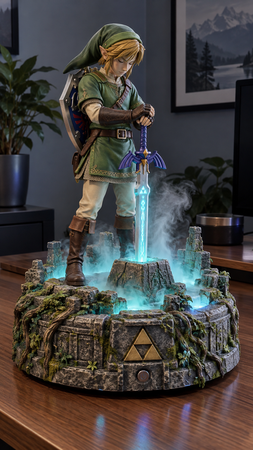 Link and the Master Sword on a mossy stone display with blue illumination and mist